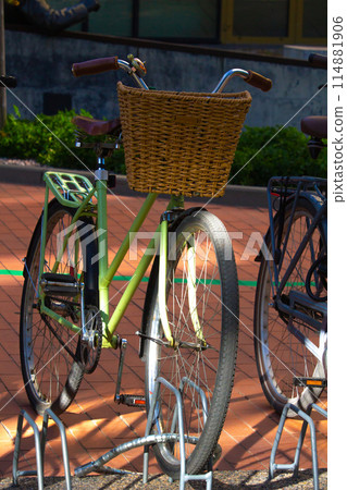 retro looking Bicycle with wicker basket retro looking Bicycle with wicker basket 114881906