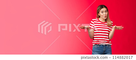 Cute chill asian blond college girl talking girlfriends discussing smooth cool party folding lips cute spread hands sideways gesturing casually, relaxed friendly pose, red background Cute chill asian blond college girl talking girlfriends discussing smooth cool party folding lips cute spread hands sideways gesturing casually, relaxed friendly pose, red background 114882017