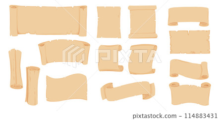 Cartoon ancient parchment scroll and old paper manuscript. Fantasy treasure map, diploma and letter. Historical vintage scrolls vector set. Papyrus for religious scripture, aged certificate 114883431