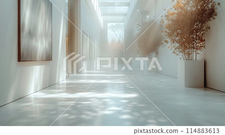 Contemporary art gallery interior with white walls and spotlighting 114883613