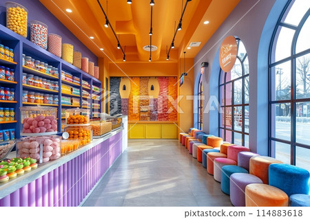 Colorful candy store with playful displays and bright 114883618