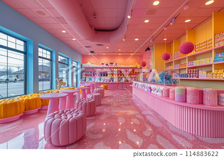 Colorful candy store with playful displays and bright 114883622