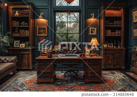 Classic film noir-inspired office with vintage props and moody lighting Classic film noir-inspired office with vintage props and moody lighting 114883648