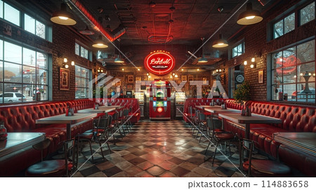 Classic American diner with red leather booths and a jukebox 114883658