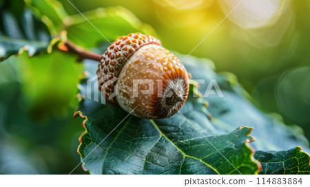 Close-up of a single acorn on an oak leaf, highlighting natural beauty and growth. Close-up of a single acorn on an oak leaf, highlighting natural beauty and growth. 114883884