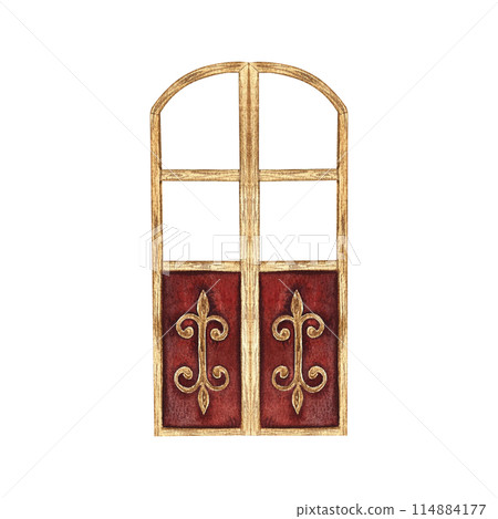 The leaves of the arched door. Vintage wooden door. A watercolor illustration made by hand. Highlight it. A design element for home, children's games, postcards and decor. 114884177