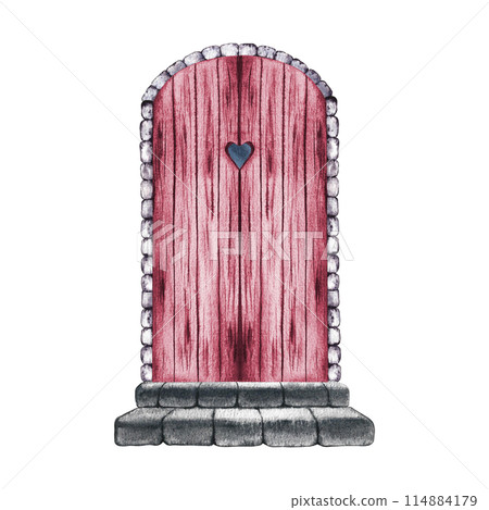 The door is retro. Pink, vintage arched, wooden door with stone steps. A watercolor illustration made by hand. Highlight it. A design element for home, children's games, postcards and decor. The door is retro. Pink, vintage arched, wooden door with stone steps. A watercolor illustration made by hand. Highlight it. A design element for home, children's games, postcards and decor. 114884179