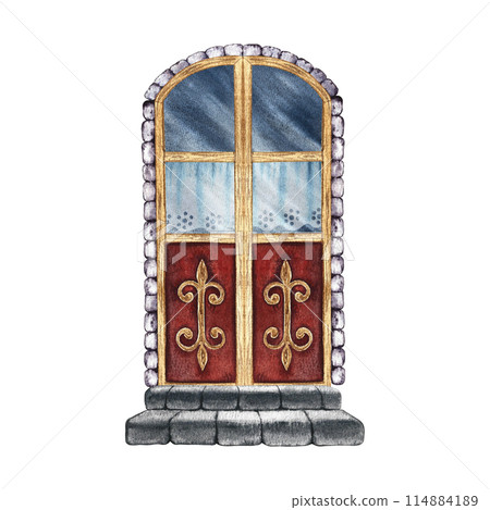 The door is retro. Vintage, fabulous, wooden door with curtains and stone steps. A watercolor illustration made by hand. Highlight it. A design element for home, children's games, postcards and decor. 114884189
