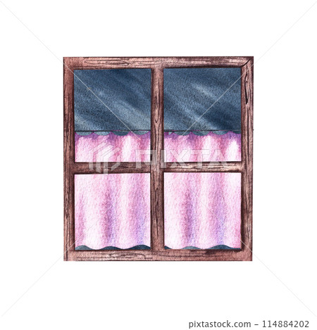 Window. Vintage rustic window with wooden frame and pink curtains. Handmade watercolor illustration. Highlight it. A design element for decorating children's games, postcards, decor and printing. 114884202