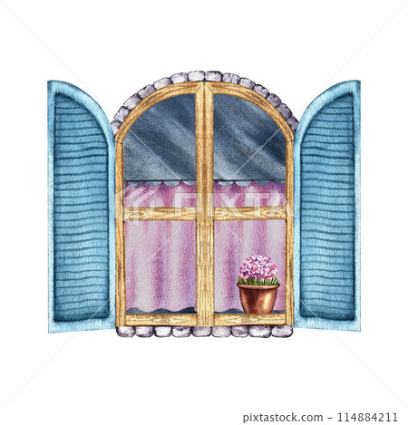 Window. Vintage vintage arched retro window with blue shutters and pink curtains. A hand-drawn watercolor illustration. Isolate it. A design element for home, children's games, postcards and decor. Window. Vintage vintage arched retro window with blue shutters and pink curtains. A hand-drawn watercolor illustration. Isolate it. A design element for home, children's games, postcards and decor. 114884211