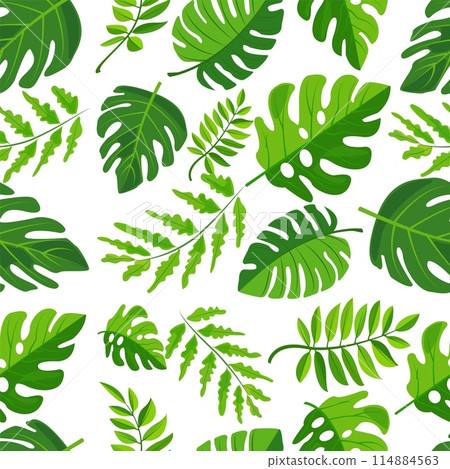 seamless pattern of vibrant green leaves on a white background. Various leaf shapes and sizes create a fresh, natural, and tropical appearance, perfect for eco-friendly or botanical projects 114884563