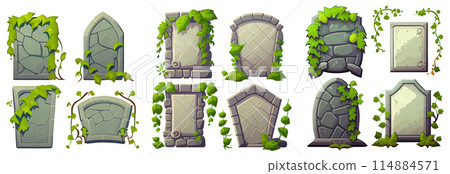 set vector illustration of gray wall with tropical creepers and plants isolated set vector illustration of gray wall with tropical creepers and plants isolated 114884571