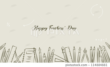 Happy teacher's day. Hand-drawn black and white line sketch school tools background. 114884881