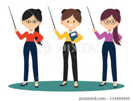 Set of female school teacher in various poses isolated on white background. Cartoon flat illustration 114884885