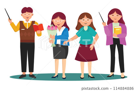Set of man and female school teacher in various poses Cartoon flat illustration Set of man and female school teacher in various poses Cartoon flat illustration 114884886