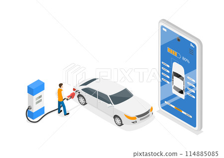 3D Isometric Flat  Conceptual Illustration of Car Fuel or Charge Managment, Online App 114885085
