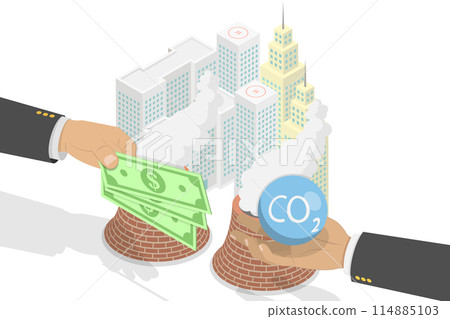 3D Isometric Flat  Conceptual Illustration of Carbon Tax, CO2 Emissions Environmental Price 114885103