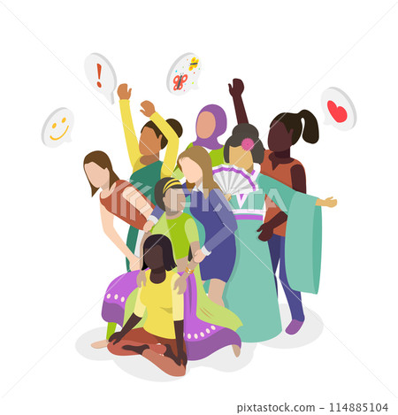 3D Isometric Flat  Conceptual Illustration of Multicultural Friendship, Diverse Various People 114885104