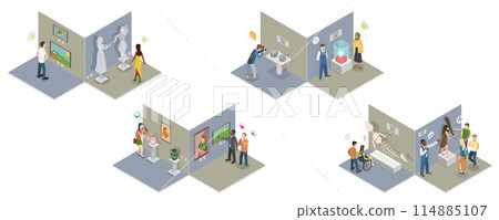 3D Isometric Flat  Conceptual Illustration of Arts And Paleontology Museum, Gallery Exhibition 114885107