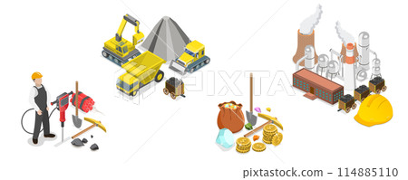 3D Isometric Flat  Conceptual Illustration of Mining, Extraction Machinery and Transport 114885110