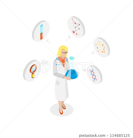 3D Isometric Flat  Conceptual Illustration of Biology or Chemistry Research, Scientific Breakthrough 114885125