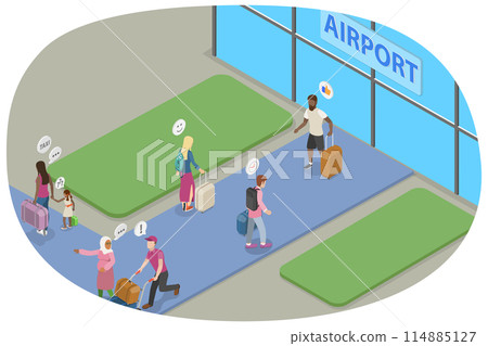 3D Isometric Flat  Conceptual Illustration of Travelers, Tourists with Luggage 114885127