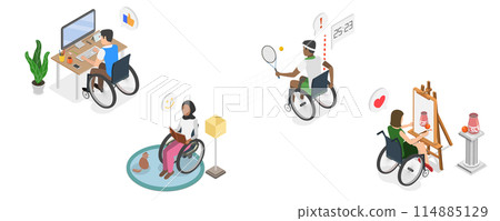 3D Isometric Flat  Conceptual Illustration of Life With Disability, Inclusion Society 114885129
