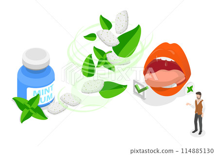 3D Isometric Flat  Conceptual Illustration of Mint Chewing Gum, Sweet Product for Oral Cavity Care, Fresh Breath 114885130