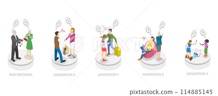 3D Isometric Flat Conceptual Illustration of Social Generations, Different Age Groups 3D Isometric Flat Conceptual Illustration of Social Generations, Different Age Groups 114885145