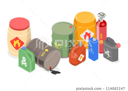 3D Isometric Flat  Set of Hazard Toxic Chemical Substances, Dangerous Containers 114885147