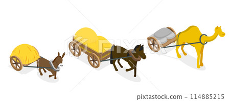 3D Isometric Flat  Set of Draft Animals, Medieval Transport 114885215