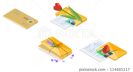 3D Isometric Flat  Set of Mail Paper Letters, Postal Item with Written Message 114885217