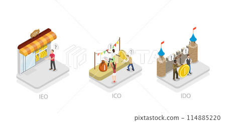 3D Isometric Flat  Conceptual Illustration of Investment in ICO, IEO and IDO, Investing at Initial Stage 114885220