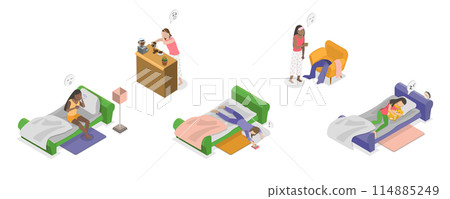 3D Isometric Flat  Conceptual Illustration of Sleepy Early Morning, Lazy Monday 114885249
