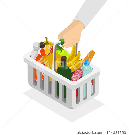 3D Isometric Flat Icon of Grocery Basket, Buying Food in a Supermarket 3D Isometric Flat Icon of Grocery Basket, Buying Food in a Supermarket 114885260
