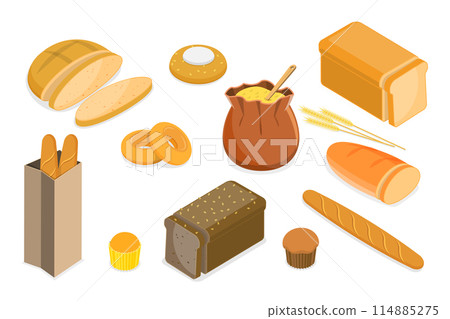 3D Isometric Flat  Set of Different Types of Bread, Bakery Products 114885275