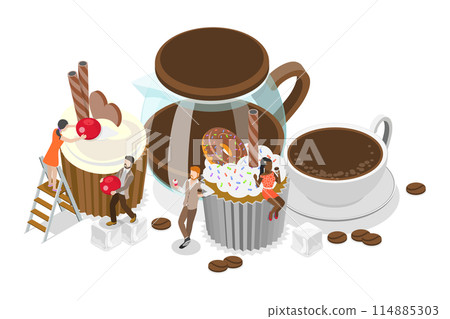 3D Isometric Flat Conceptual Illustration of Coffee Break, Hot Beverage with Sweet Desserts 3D Isometric Flat Conceptual Illustration of Coffee Break, Hot Beverage with Sweet Desserts 114885303