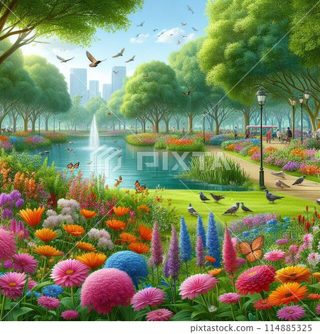 與一個噴泉的風景在公園 114885325