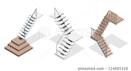 3D Isometric Flat  Set of Staircases, Metal or Wooden Stairway 114885328