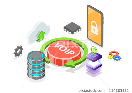 3D Isometric Flat  Conceptual Illustration of IP Telephony Protocol, VOIP 114885381