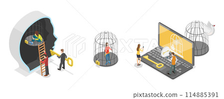 3D Isometric Flat Conceptual Illustration of Mind Prison, Locked in a Birdcage 3D Isometric Flat Conceptual Illustration of Mind Prison, Locked in a Birdcage 114885391