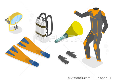 3D Isometric Flat  Set of Scuba Diving Equipment, Underwater Swiming 3D Isometric Flat  Set of Scuba Diving Equipment, Underwater Swiming 114885395