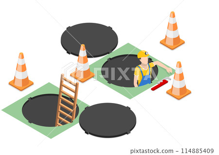 3D Isometric Flat  Conceptual Illustration of Sewer Hatch, Opened Street Manhole 114885409