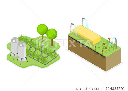 3D Isometric Flat  Conceptual Illustration of Irrigation System, Farming Agriculture 114885501
