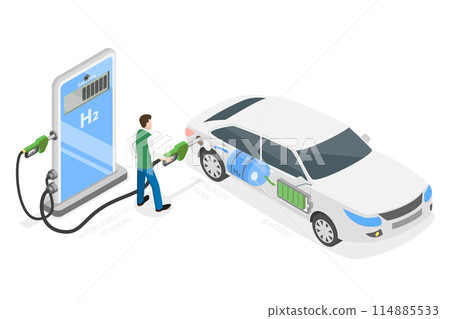 3D Isometric Flat  Conceptual Illustration of Hydrogen Fuel Cell Vehicle, CO2 Free Car 114885533