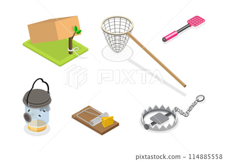 3D Isometric Flat  Set of Wild Animal and Insect Traps, Hunting and Trapping 114885558