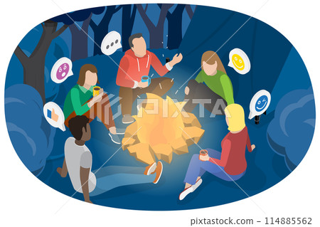 3D Isometric Flat  Conceptual Illustration of Campfire Story, Camping and Storytelling 114885562