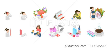 3D Isometric Flat  Conceptual Illustration of Menstruation, Feminine Hygiene Products 114885563