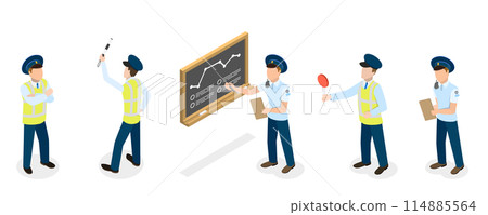3D Isometric Flat  Set of Traffic Policeman Characters, Road Inspector Occupation 114885564