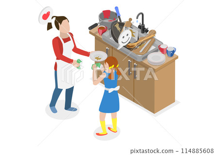 3D Isometric Flat  Conceptual Illustration of Little Helper, Kid and Mother Washing the Dishes 114885608
